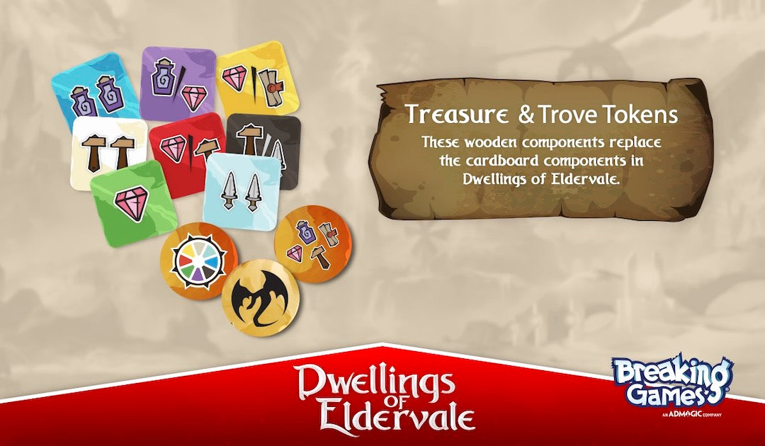Dwellings of Eldervale - Wooden Upgrade Treasure and Trove Tokens Game Accessory Breaking Games